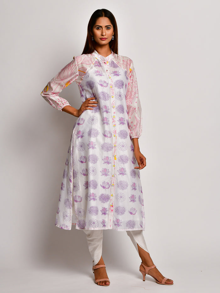 BLOOM PINK FLORAL REGLAN SLEEVE CHANDERI KURTA WITH DHOTI PANTS