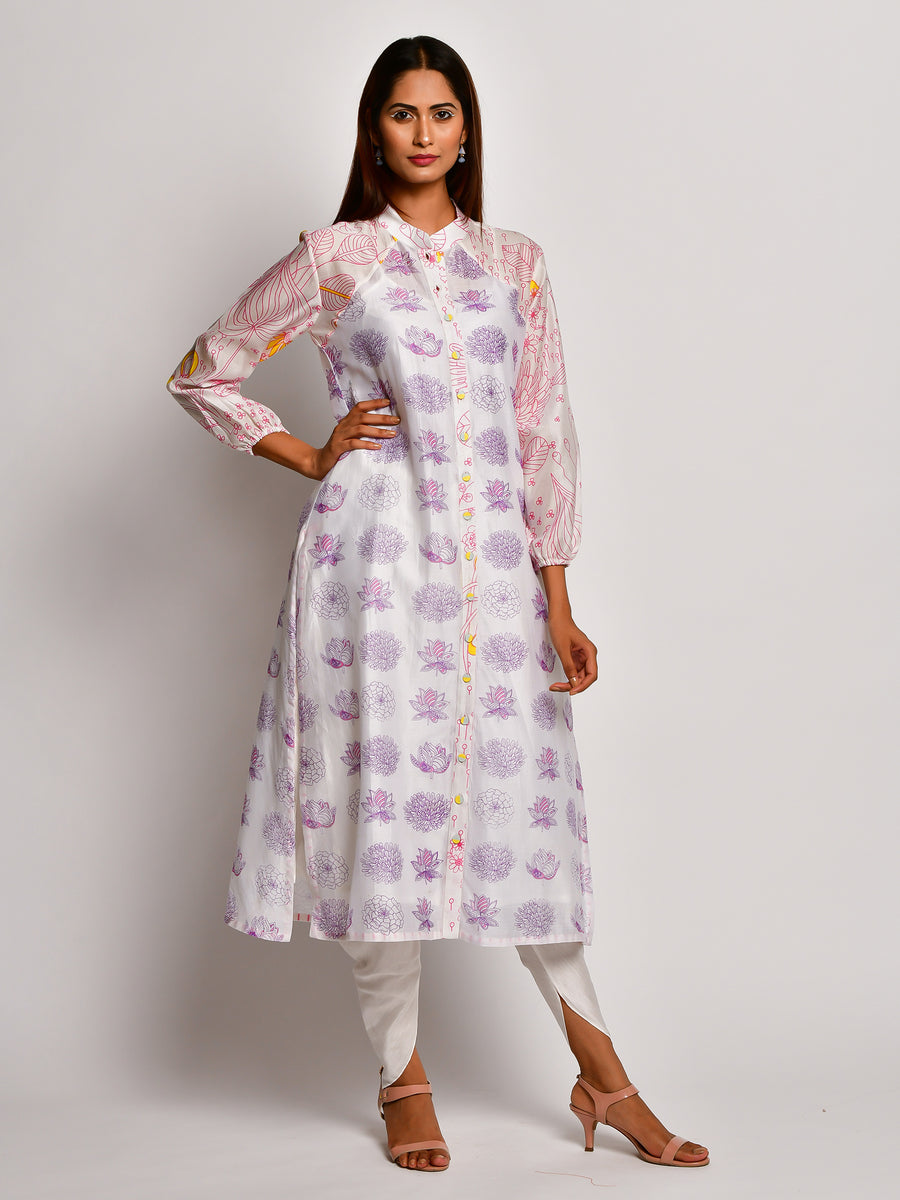 Pink Floral Printed Raglan Sleeve Chanderi Kurta With Dhoti Pants
