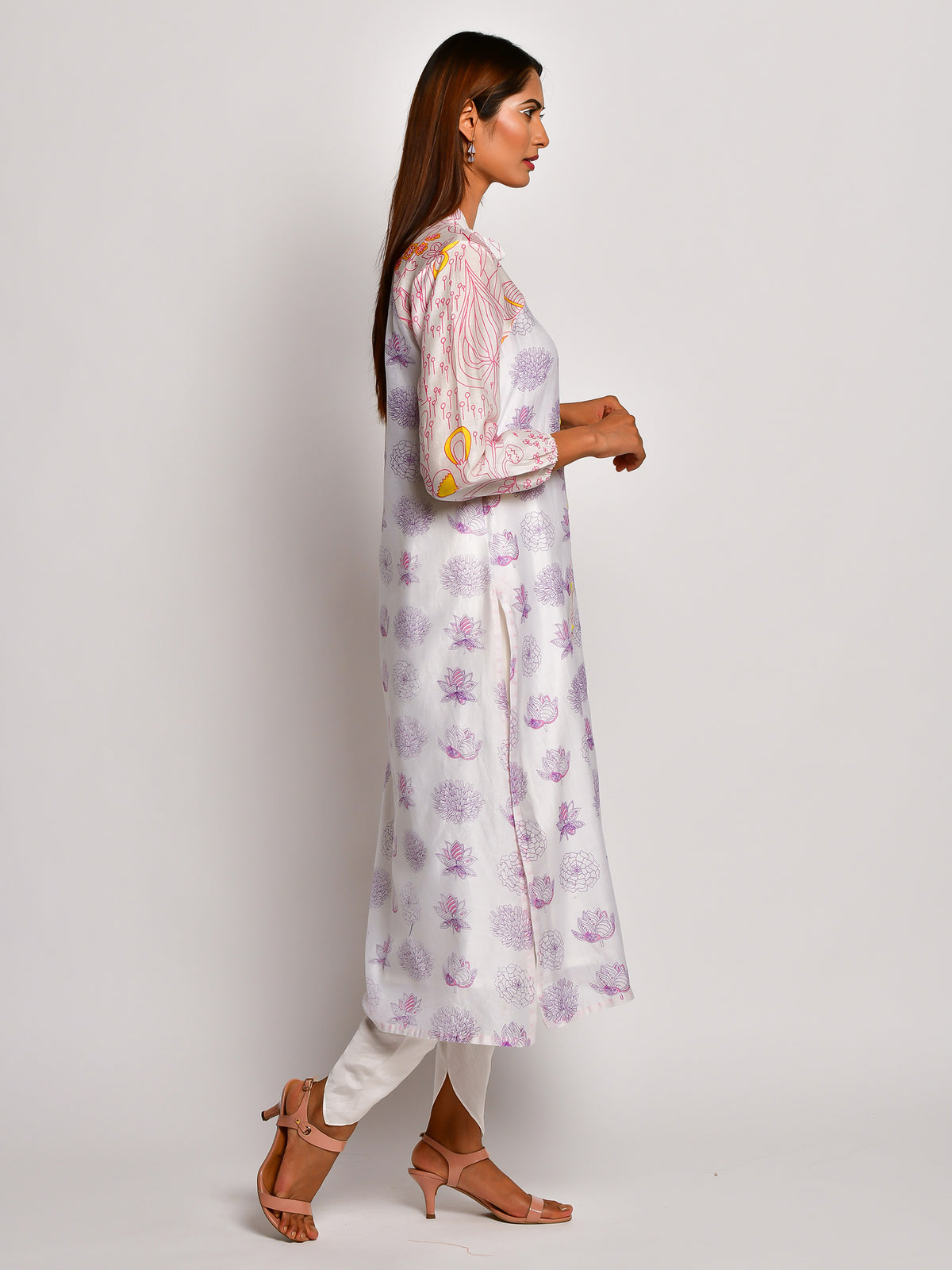 Pink Floral printed Reglan Sleeve Chanderi Kurta With Dhoti Pants