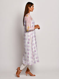 Pink Floral printed Reglan Sleeve Chanderi Kurta With Dhoti Pants