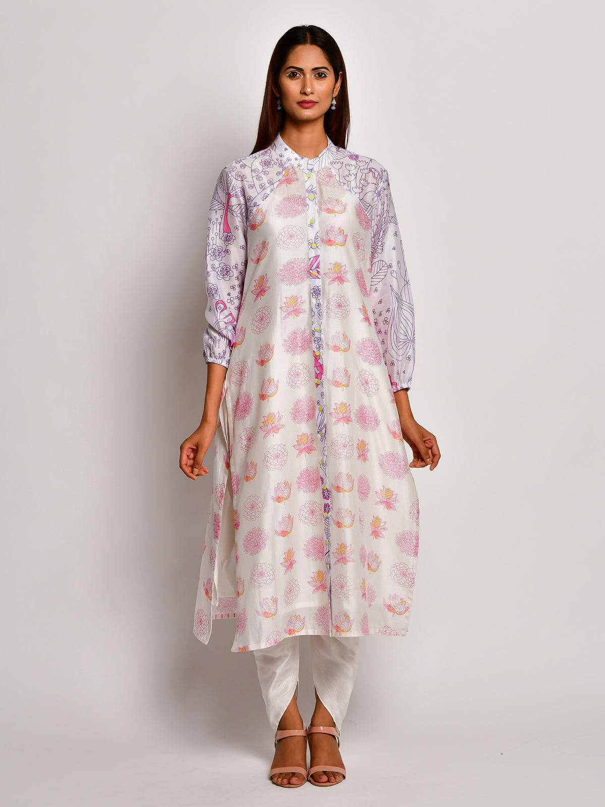 Purple Floral Prinetd Chanderi Reglan Sleeve Kurta With Dhoti Pants