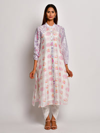 Purple Floral Prinetd Chanderi Reglan Sleeve Kurta With Dhoti Pants