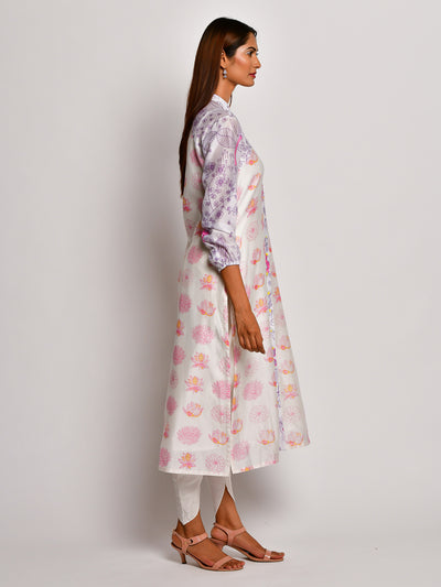 Purple Floral Prinetd Chanderi Reglan Sleeve Kurta With Dhoti Pants