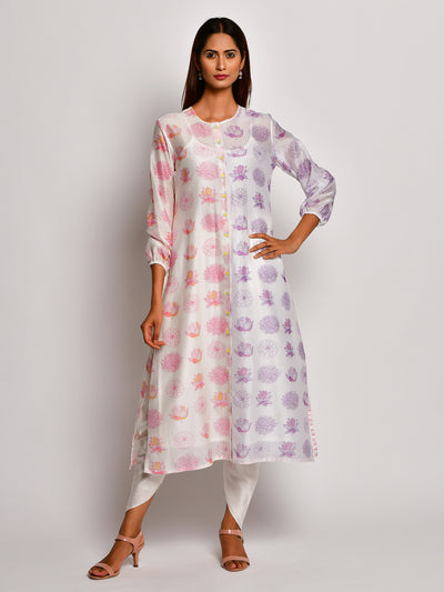 Purple & Pink Printed Floral Chanderi Kurta With Dhoti Pants