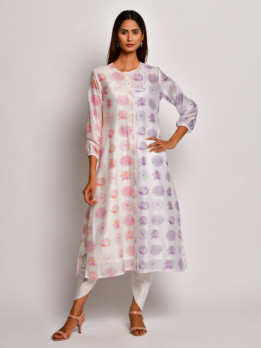 Purple & Pink Printed Floral Chanderi Kurta With Dhoti Pants