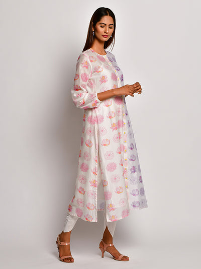 Purple & Pink Printed Floral Chanderi Kurta With Dhoti Pants