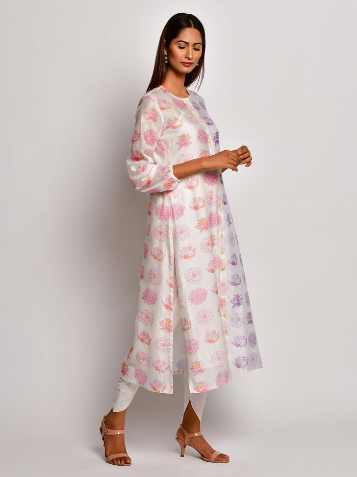 BLOOM PURPLE/PINK FLORAL CHANDERI KURTA WITH DHOTI PANTS
