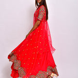 Morbagh Red embroidered Crop Top With Asymmetric Lehenga And Cape