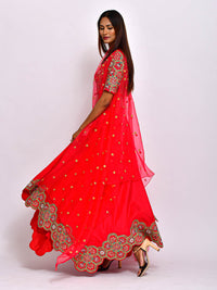 Morbagh Red embroidered Crop Top With Asymmetric Lehenga And Cape