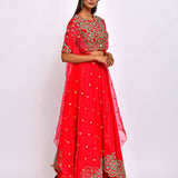 Morbagh Red embroidered Crop Top With Asymmetric Lehenga And Cape