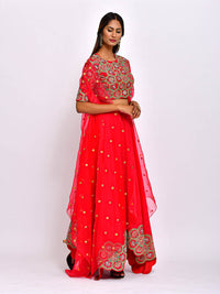Morbagh Red embroidered Crop Top With Asymmetric Lehenga And Cape