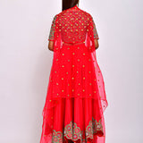 Morbagh Red embroidered Crop Top With Asymmetric Lehenga And Cape