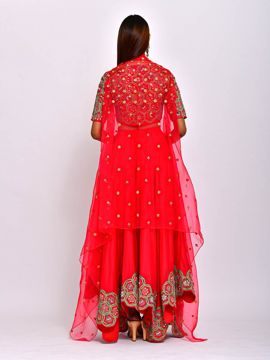 Morbagh Red embroidered Crop Top With Asymmetric Lehenga And Cape