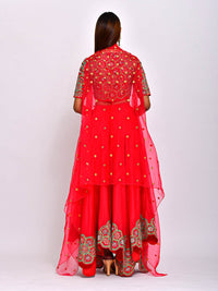 Morbagh Red embroidered Crop Top With Asymmetric Lehenga And Cape