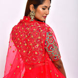 Morbagh Red embroidered Crop Top With Asymmetric Lehenga And Cape