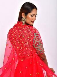 Morbagh Red embroidered Crop Top With Asymmetric Lehenga And Cape