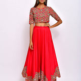 Morbagh Red embroidered Crop Top With Asymmetric Lehenga And Cape