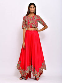 Morbagh Red embroidered Crop Top With Asymmetric Lehenga And Cape