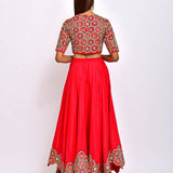 Morbagh Red embroidered Crop Top With Asymmetric Lehenga And Cape