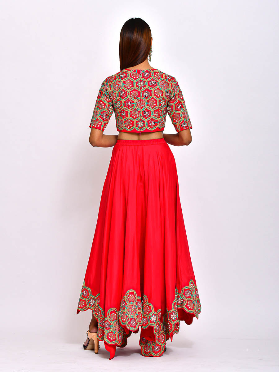 Morbagh Red embroidered Crop Top With Asymmetric Lehenga And Cape