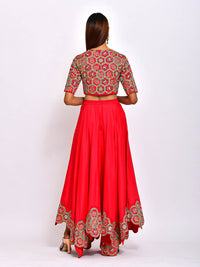 Morbagh Red embroidered Crop Top With Asymmetric Lehenga And Cape