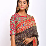 Navy Chanderi Brocade striped Embroidered Handcrafted saree with blouse