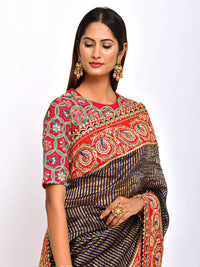 Navy Chanderi Brocade striped Embroidered Handcrafted saree with blouse
