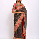 Navy Chanderi Brocade striped Embroidered Handcrafted saree with blouse