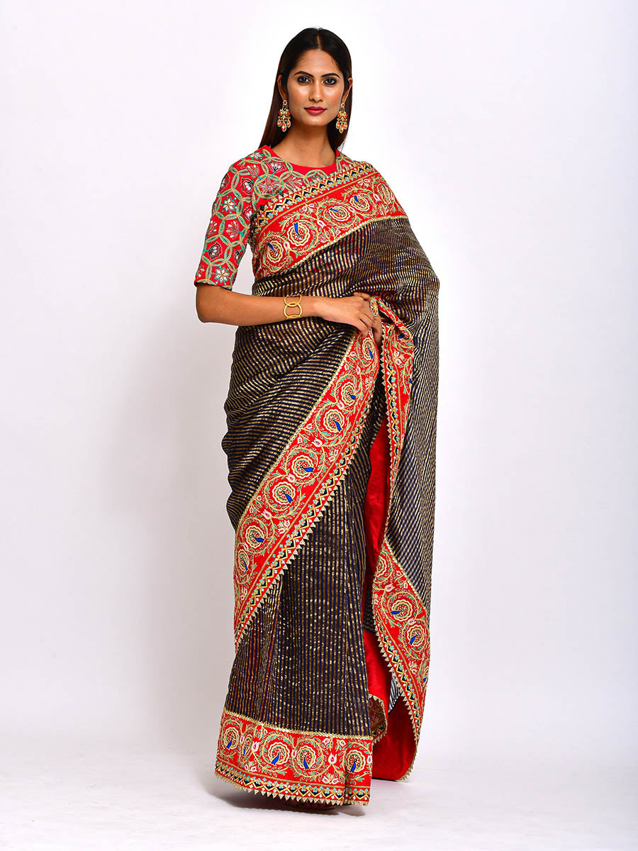Navy Chanderi Brocade striped Embroidered Handcrafted saree with blouse