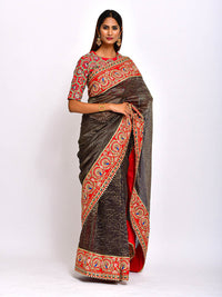 Navy Chanderi Brocade striped Embroidered Handcrafted saree with blouse