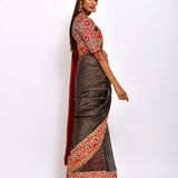 Navy Chanderi Brocade striped Embroidered Handcrafted saree with blouse