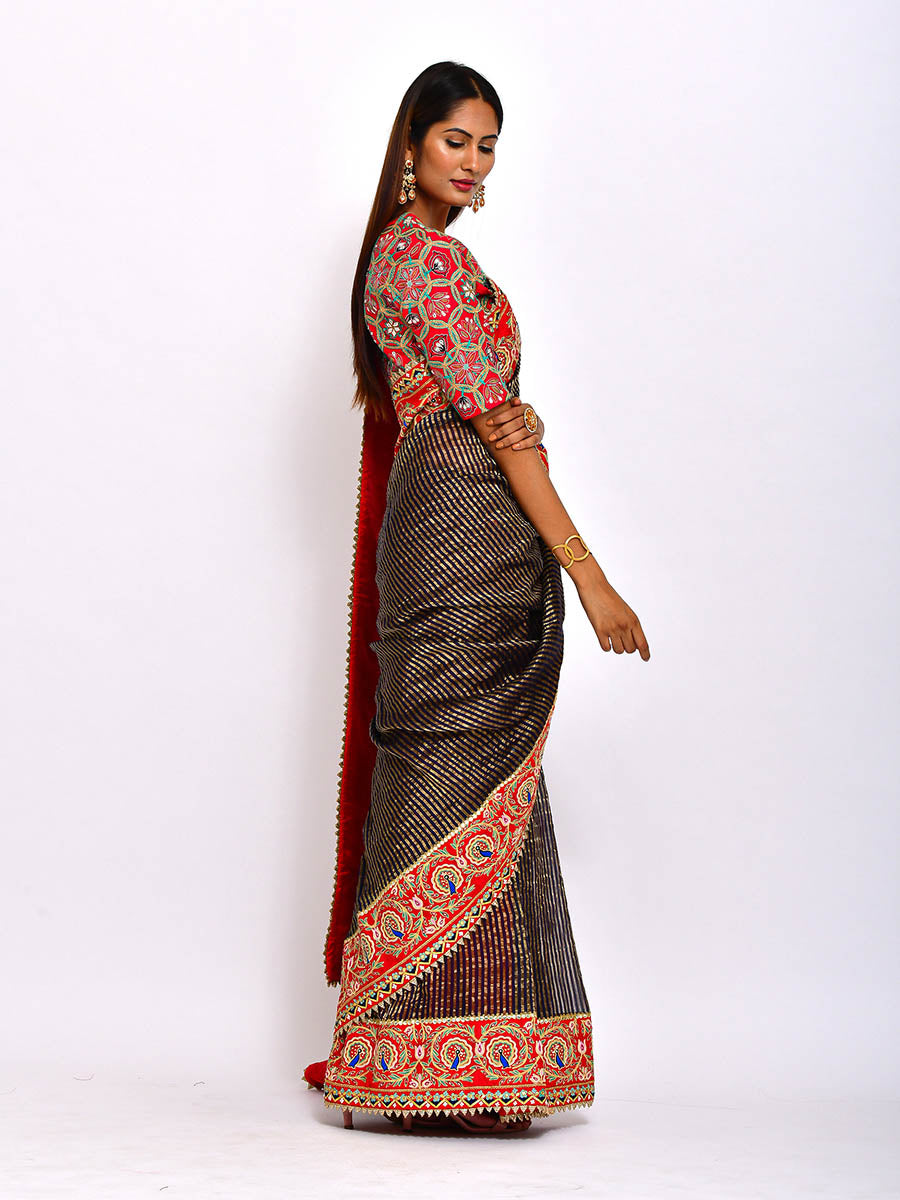 Navy Chanderi Brocade striped Embroidered Handcrafted saree with blouse