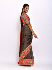 Navy Chanderi Brocade striped Embroidered Handcrafted saree with blouse