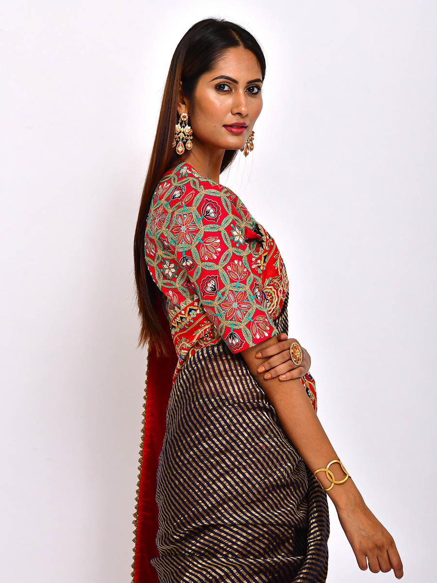 Navy Chanderi Brocade striped Embroidered Handcrafted saree with blouse
