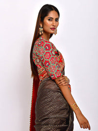 Navy Chanderi Brocade striped Embroidered Handcrafted saree with blouse