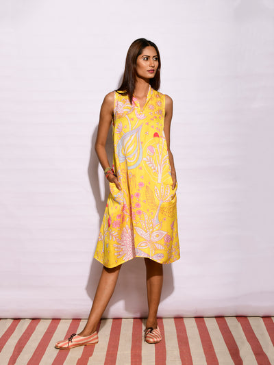 Yellow Printed Short Sleeveless Dress