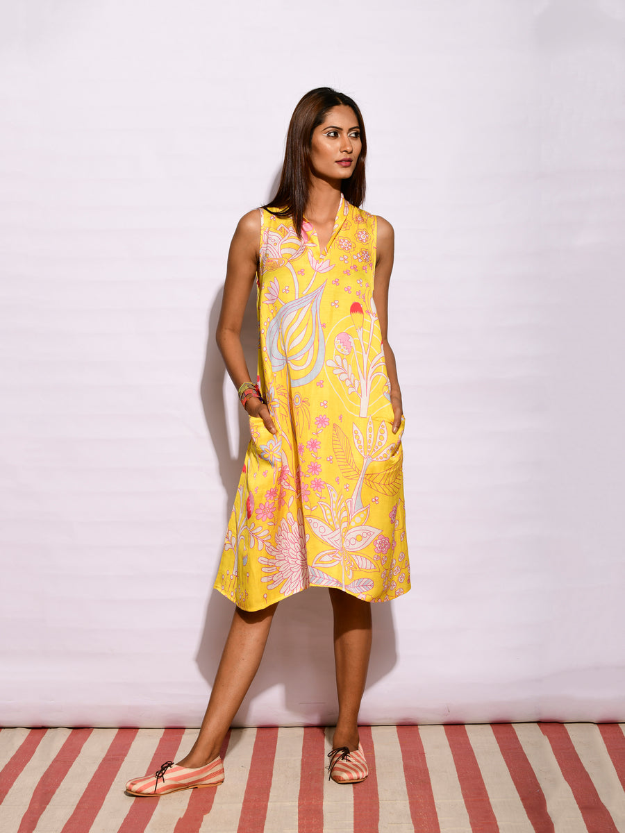 Yellow Printed Short Sleeveless Dress