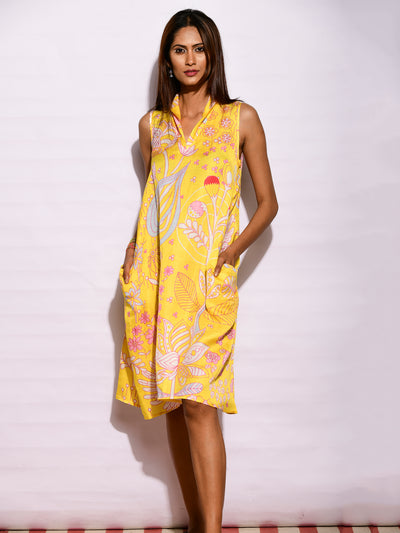 Yellow Printed Short Sleeveless Dress