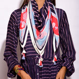 Navy Blue Printed Striped Crushed Scarf