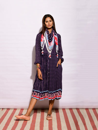 Navy Blue Printed Striped Crushed Dress