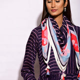 Navy Blue Printed Striped Crushed Scarf