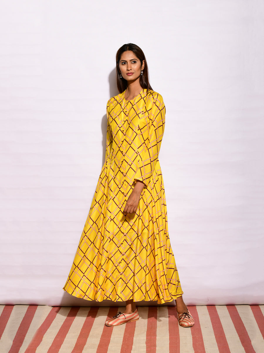 Yellow Printed Diamond Kurta