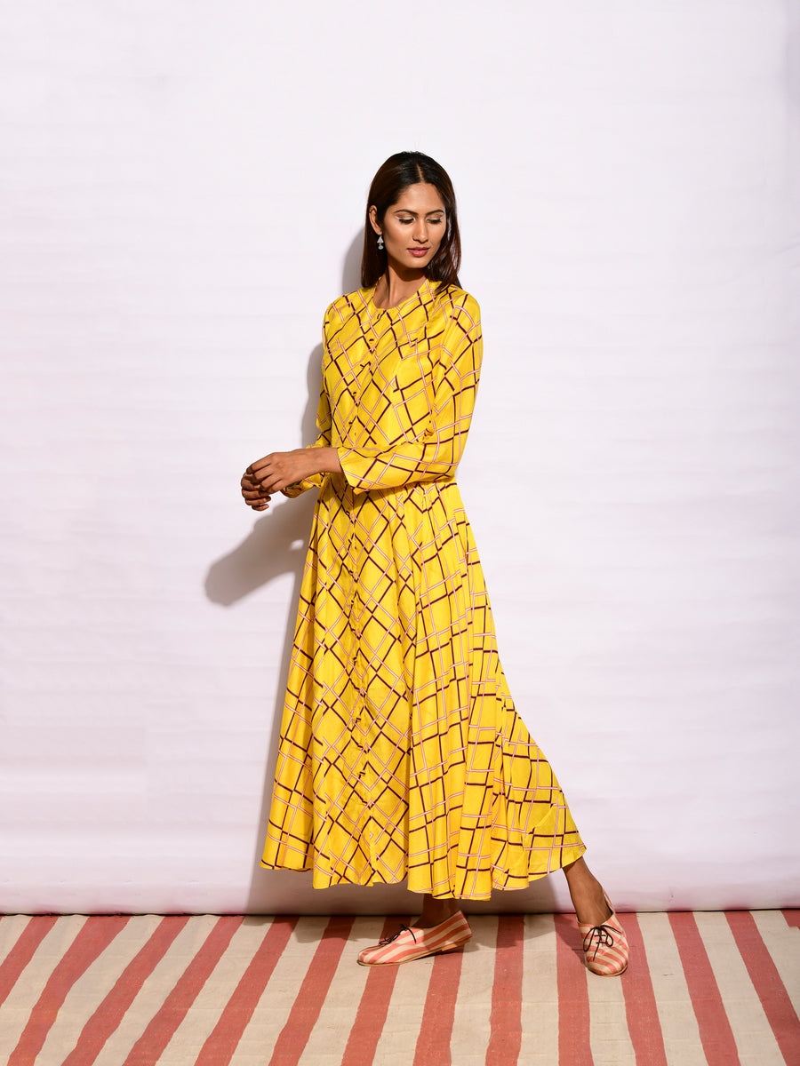 Yellow Printed Diamond Kurta