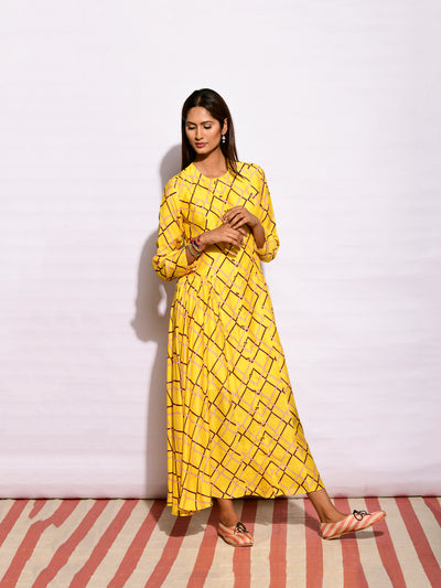 Yellow Printed Diamond Kurta
