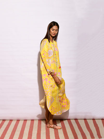 Printed Yellow Jaal Long Shirt Dress