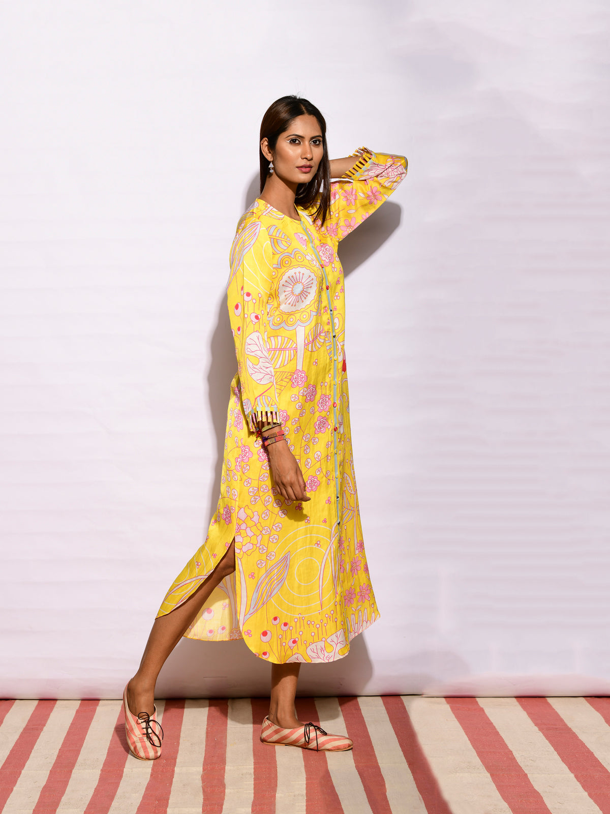 Printed Yellow Jaal Long Shirt Dress