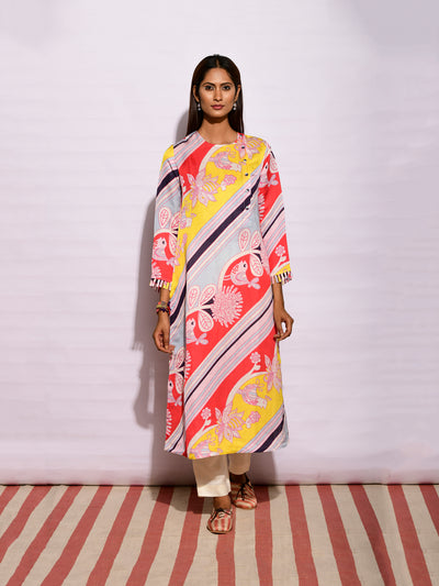 Multi Big Diagonal Striped Printed Kurta