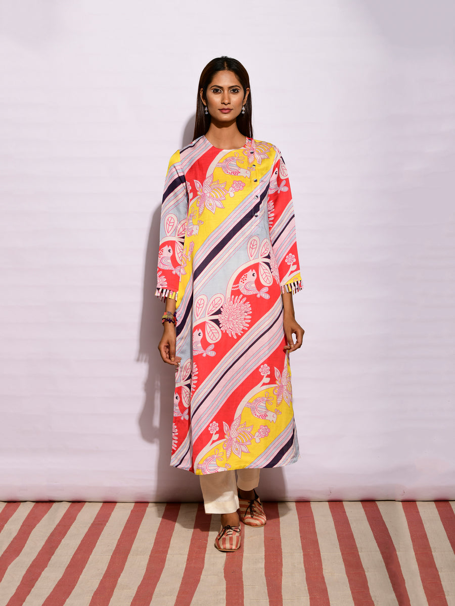 Multi Big Diagonal Striped Printed Kurta