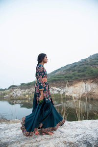 Kamal Teal Short Embroidered Kurta With Sharara And Dupatta