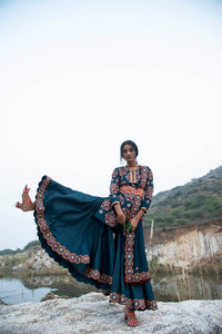 Kamal Teal Short Embroidered Kurta With Sharara And Dupatta